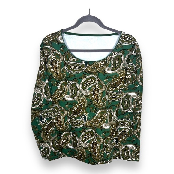 LARGE KIM ROGERS GREEN BEIGE PAISLEY  TOP STRETCH CASUAL  BOHO ELEGANT - Picture 1 of 10